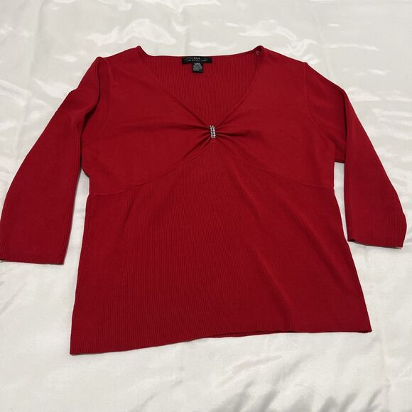 Silx by August Silk Sweater Red Silk Blend Stretch Ribbed Crystal Rhinestone XL - Picture 1 of 6